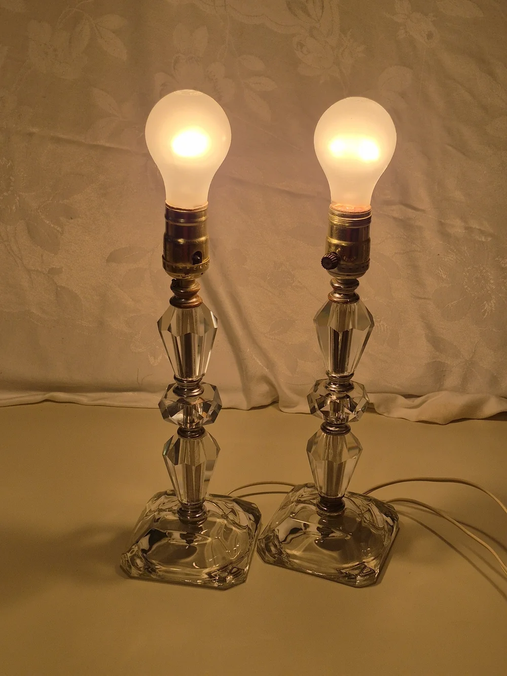 MCM Crystal Glass Pair Table Lamps - Clear Glass Accent